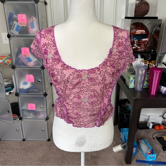 Free People Lilac Combo Purple Pink Oh My Baby Lettuce Trim Ruffle Tee NWT XS - Picture 7 of 12